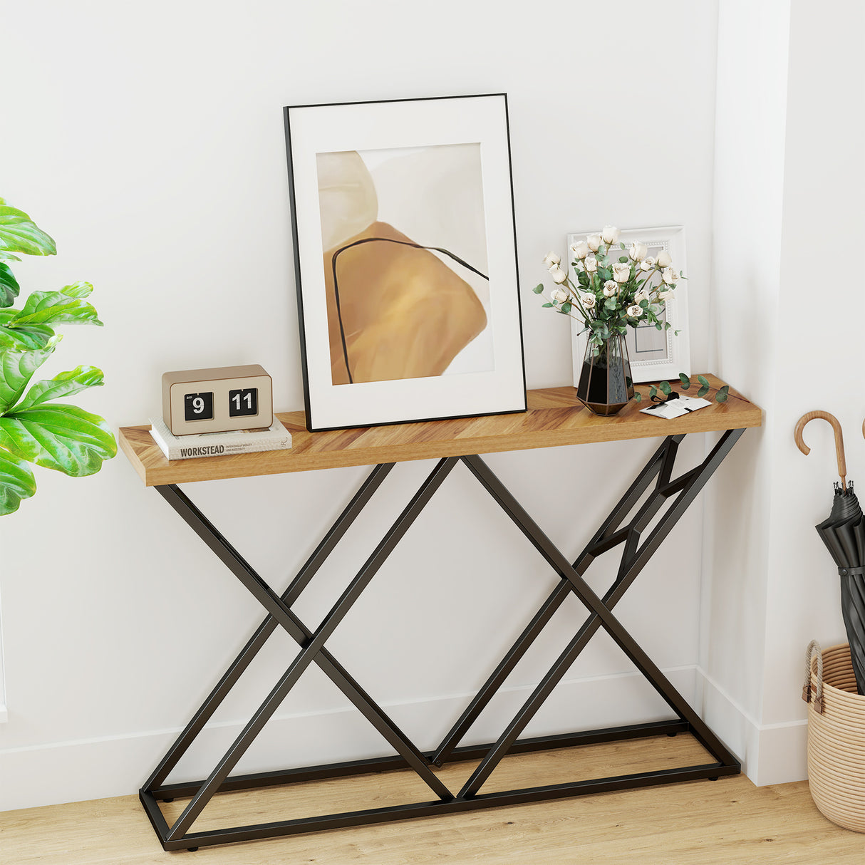 55 Inch Console Table with Solid Metal Frame and Storage-Wood