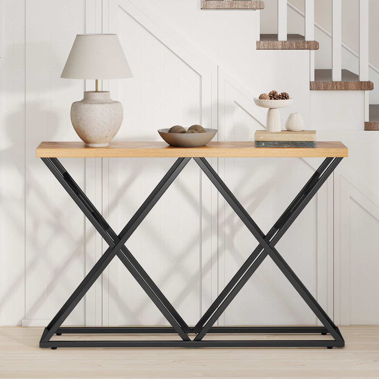 55 Inch Console Table with Solid Metal Frame and Storage-Wood
