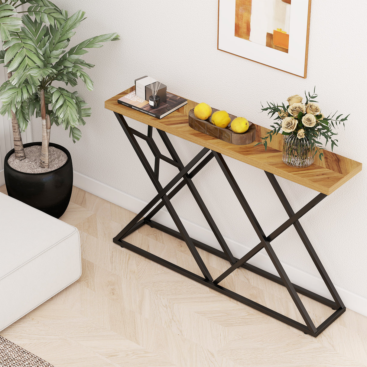 55 Inch Console Table with Solid Metal Frame and Storage-Wood