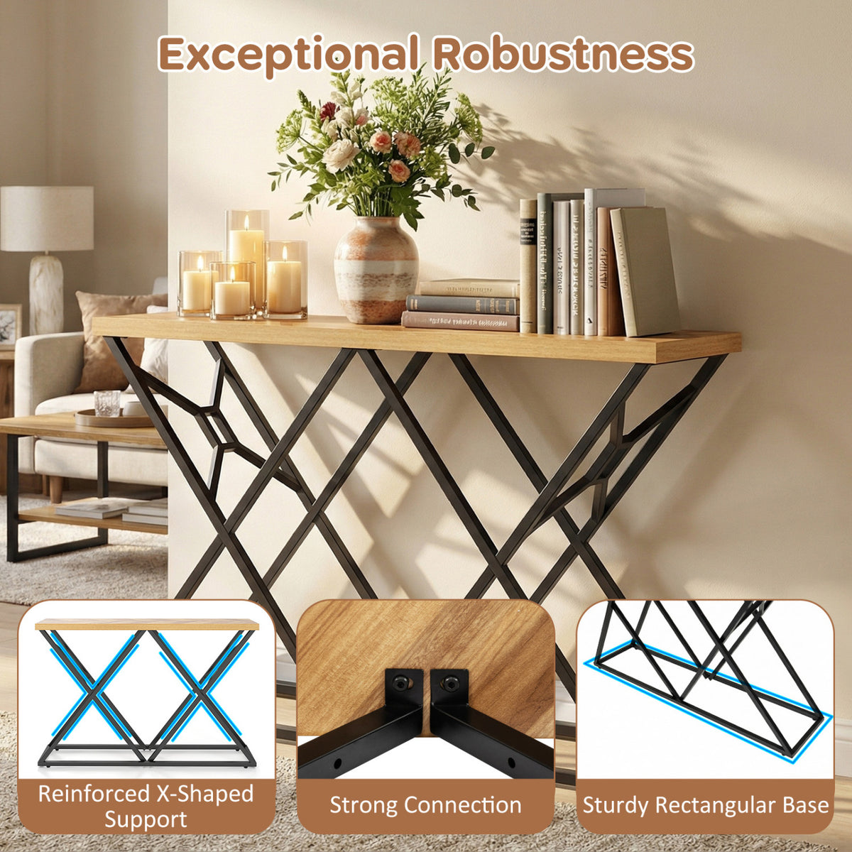 55 Inch Console Table with Solid Metal Frame and Storage-Wood