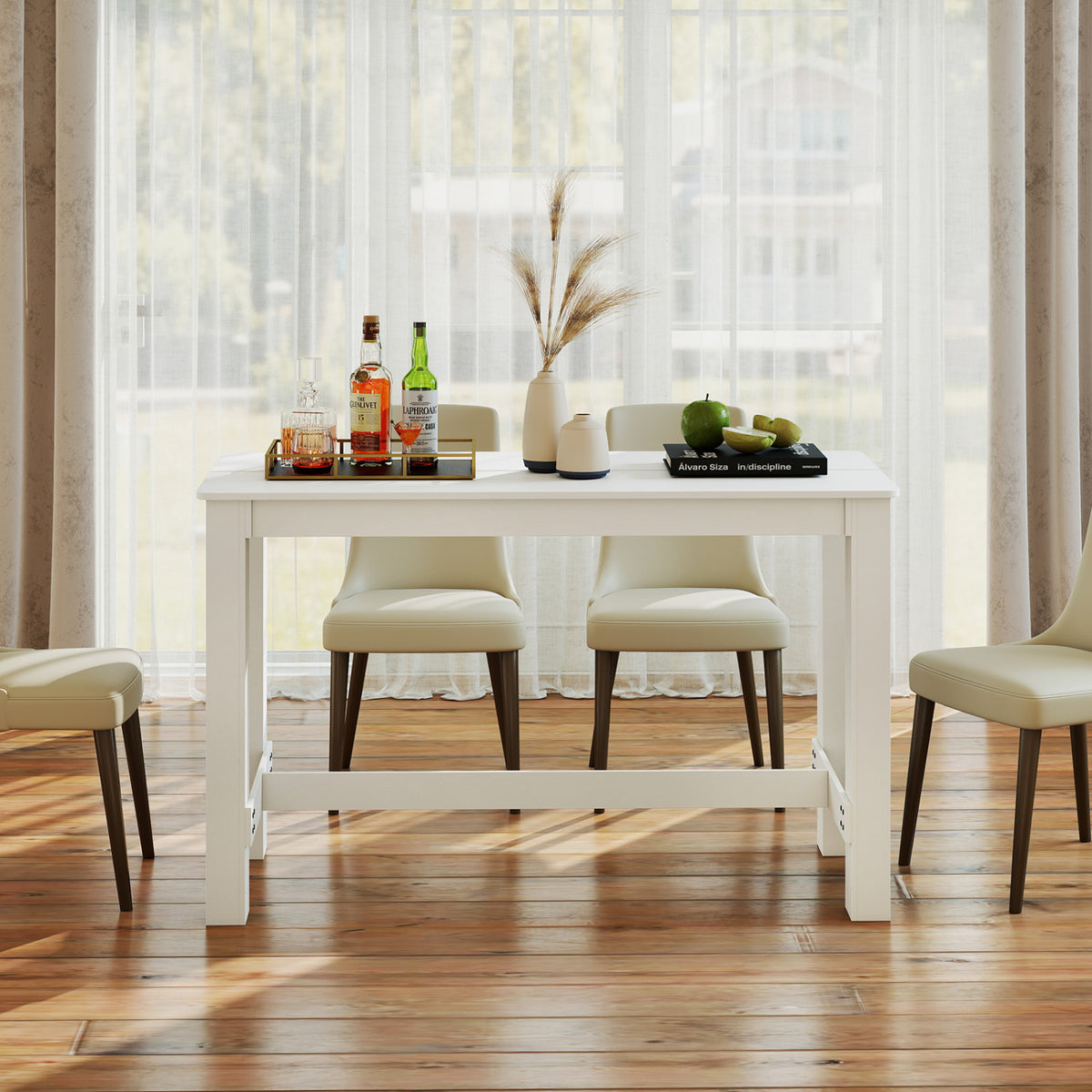 55 Inch Rectangular Farmhouse Kitchen Table for 4-6 People-White