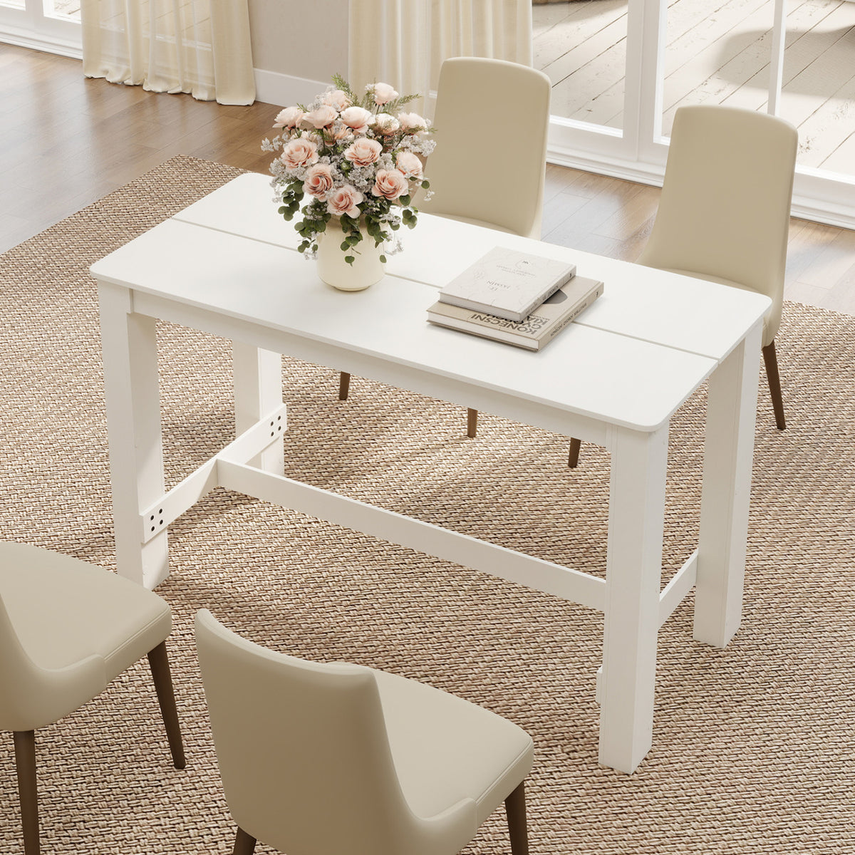 55 Inch Rectangular Farmhouse Kitchen Table for 4-6 People-White