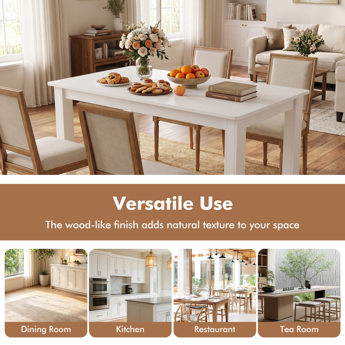 55 Inch Rectangular Farmhouse Kitchen Table for 4-6 People-White