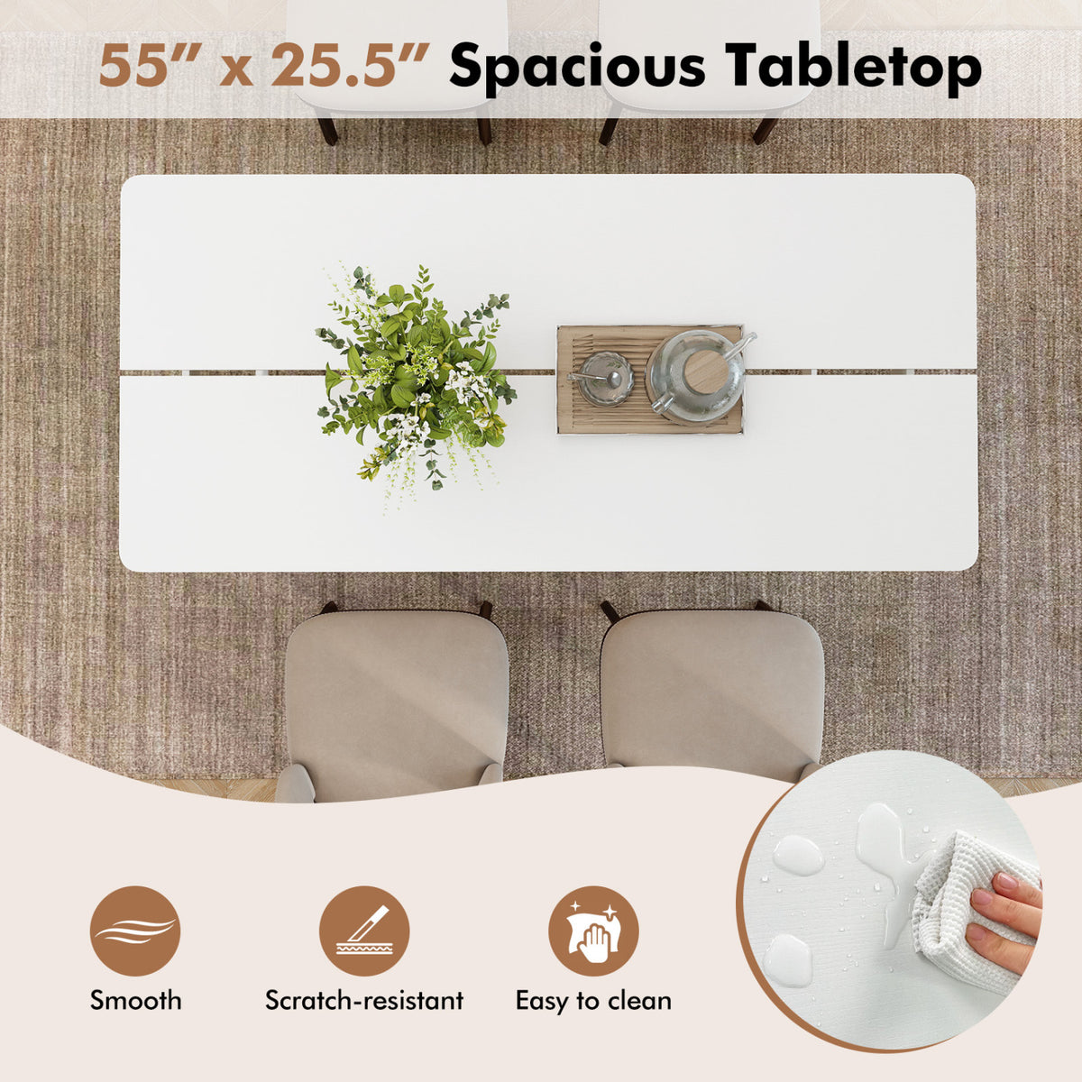 55 Inch Rectangular Farmhouse Kitchen Table for 4-6 People-White