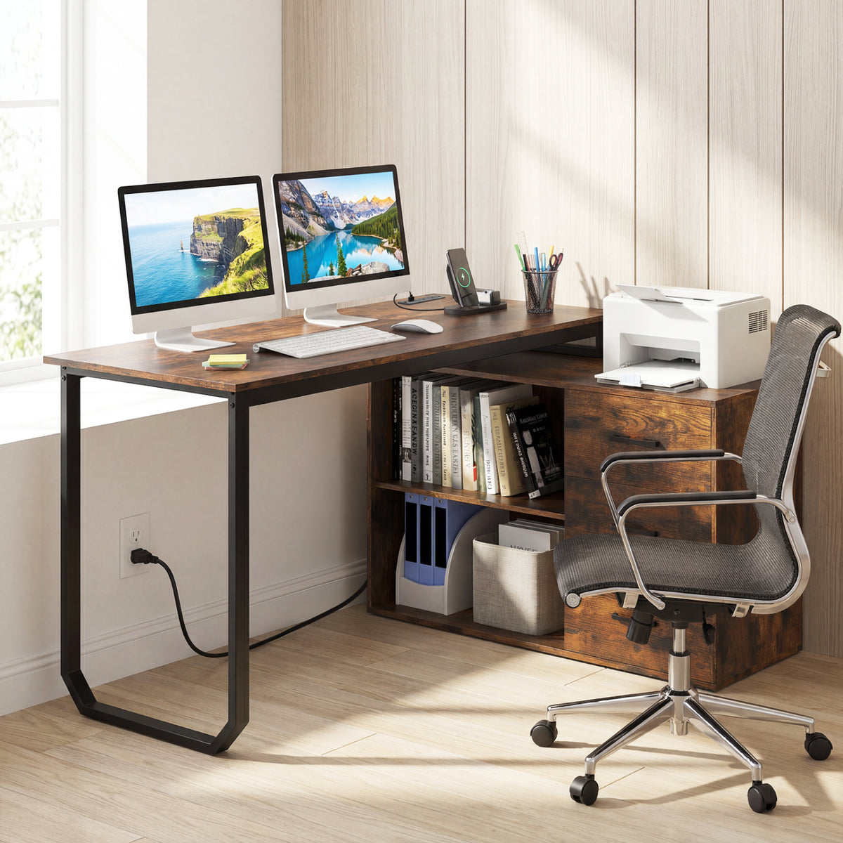 Reversible L Shaped Desk with 3 Drawers Home Office Desk with Adjustable Shelf