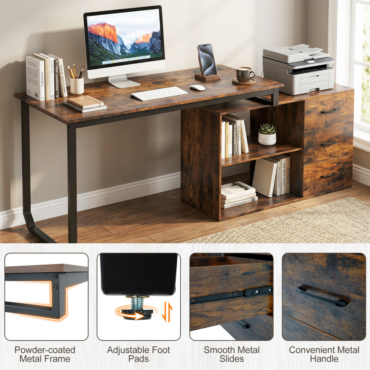 Reversible L Shaped Desk with 3 Drawers Home Office Desk with Adjustable Shelf