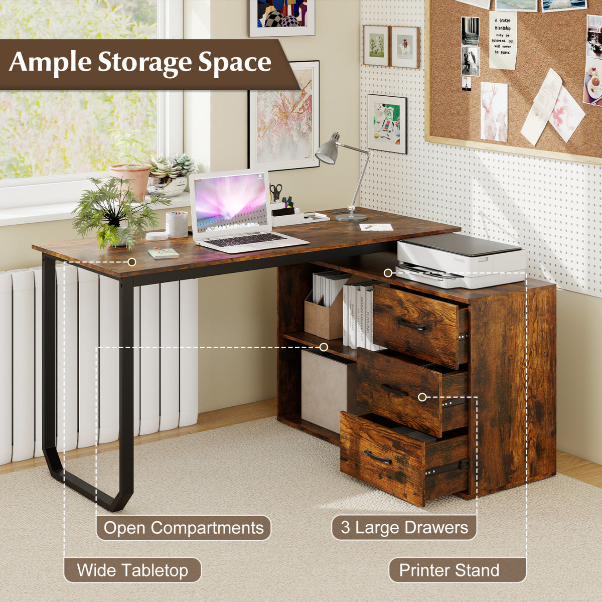 Reversible L Shaped Desk with 3 Drawers Home Office Desk with Adjustable Shelf