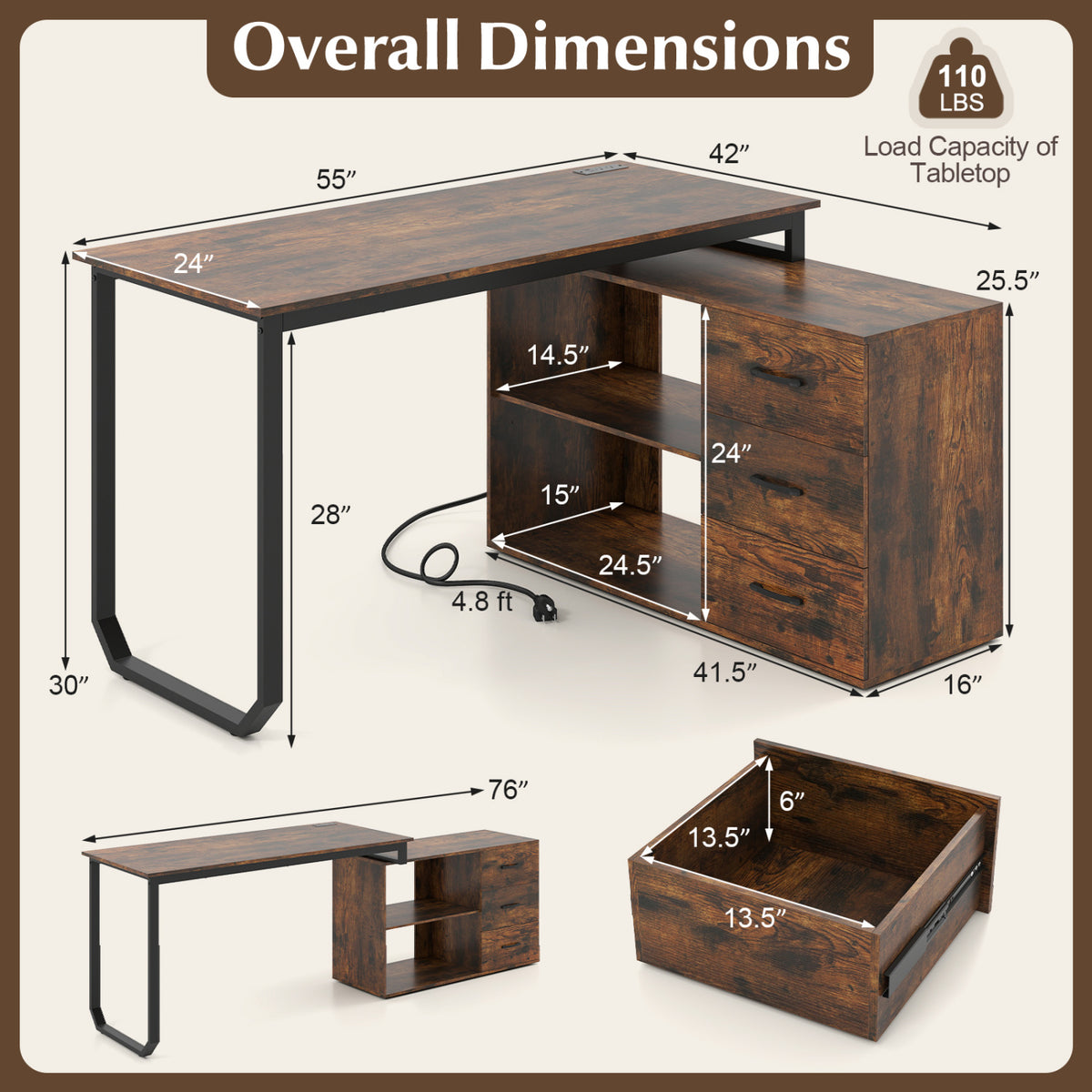 Reversible L Shaped Desk with 3 Drawers Home Office Desk with Adjustable Shelf
