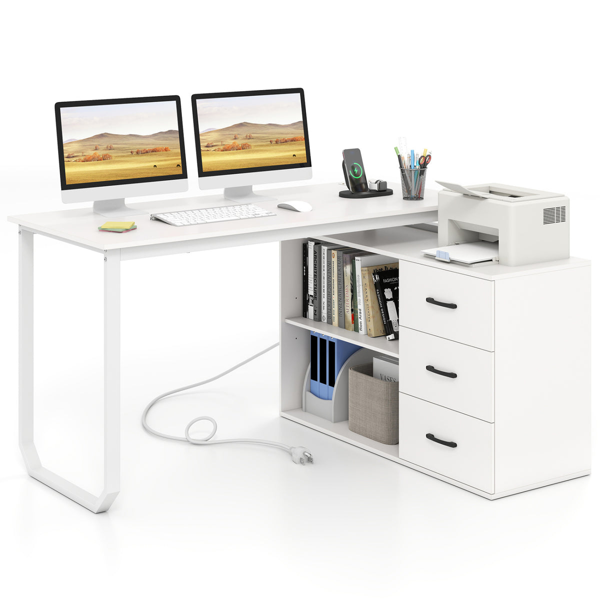 Reversible L Shaped Desk with 3 Drawers Home Office Desk with Adjustable Shelf