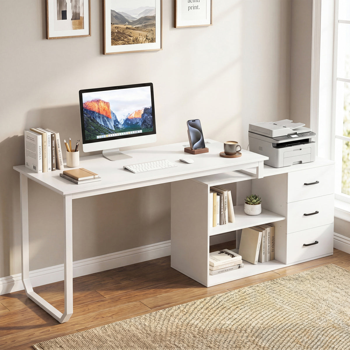 Reversible L Shaped Desk with 3 Drawers Home Office Desk with Adjustable Shelf