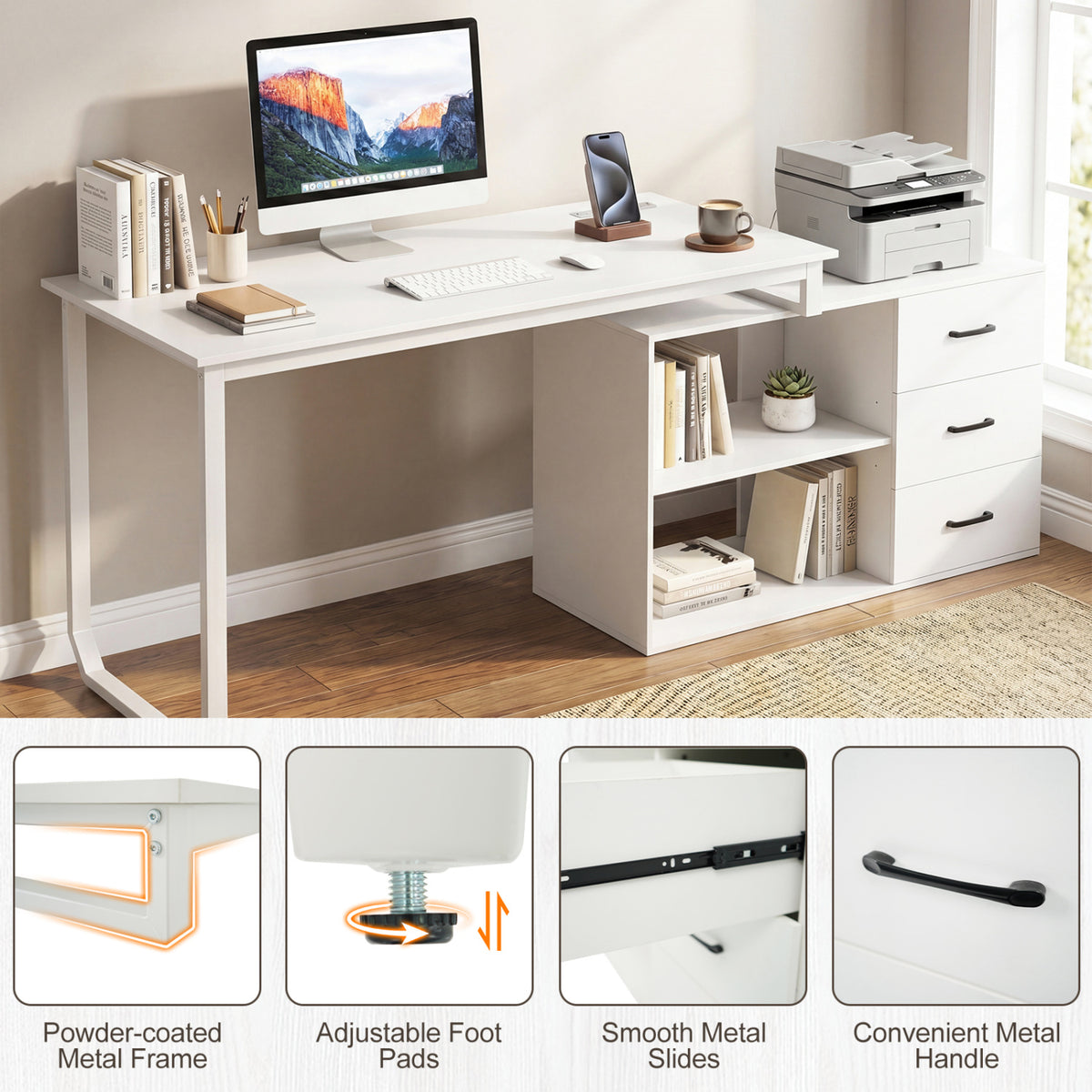 Reversible L Shaped Desk with 3 Drawers Home Office Desk with Adjustable Shelf