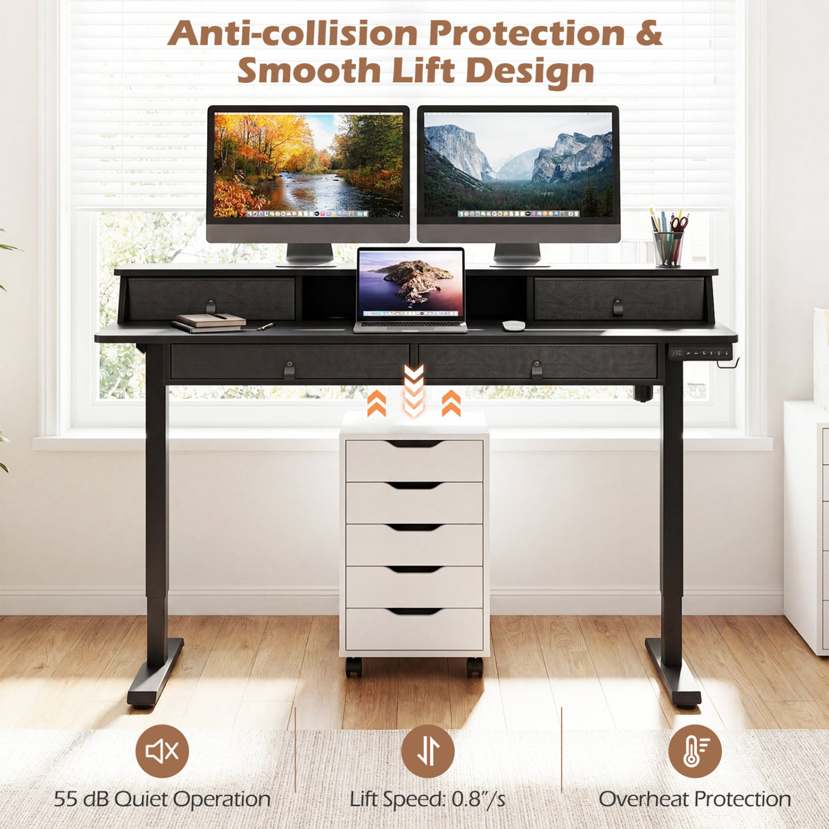 55 Inch x 27 Inch Electric Standing Desk with Drawers
