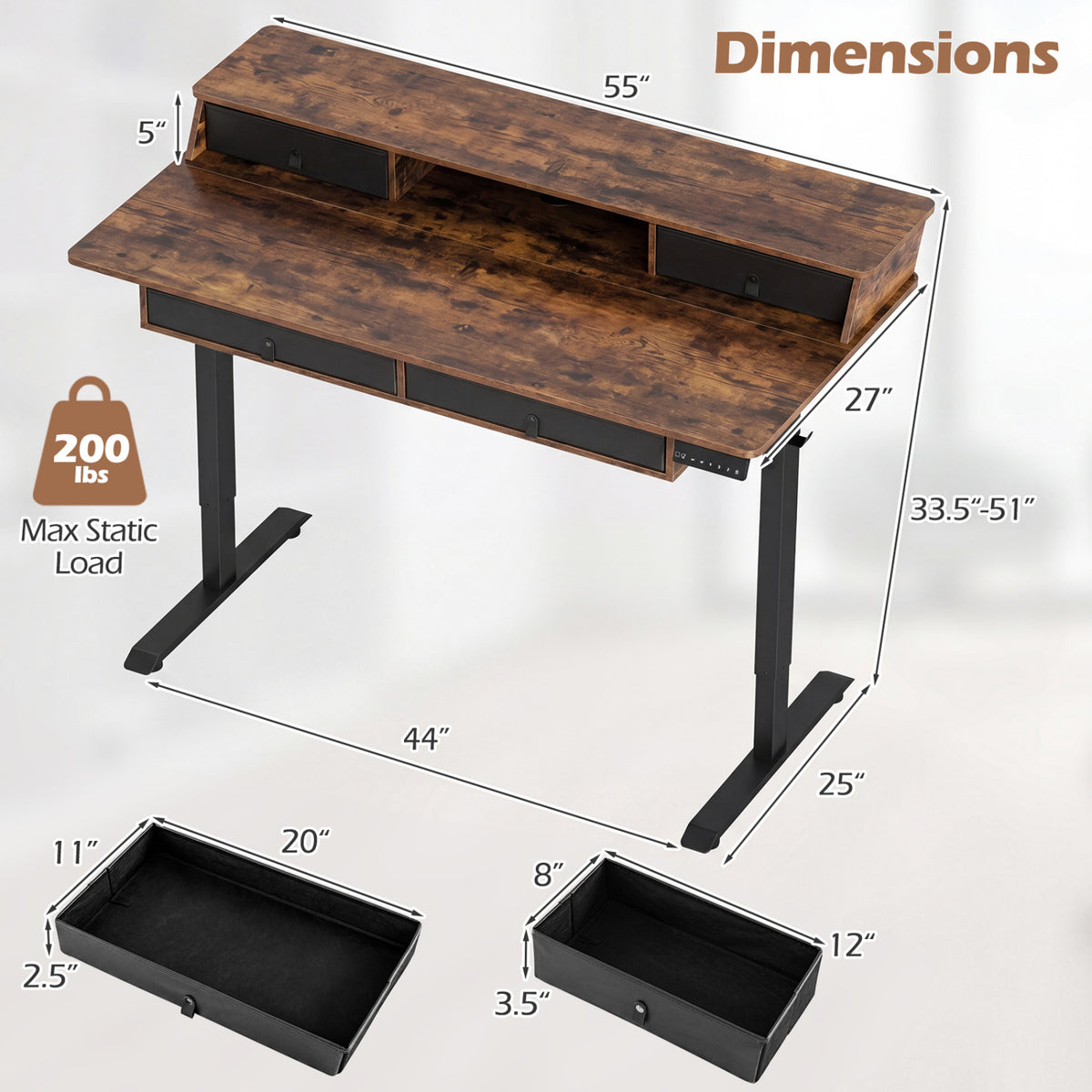 55 Inch x 27 Inch Electric Standing Desk with Drawers