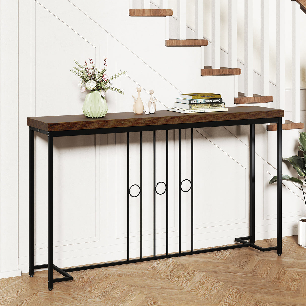 55" Industrial Console Table with H-Shaped Base-Brown