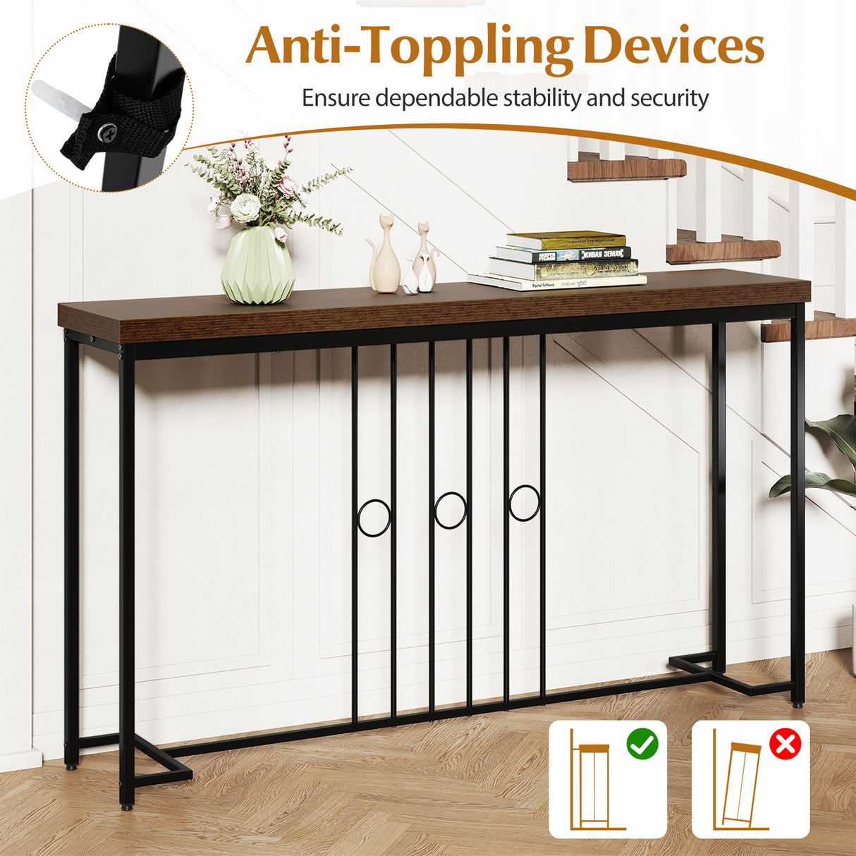 55" Industrial Console Table with H-Shaped Base-Brown