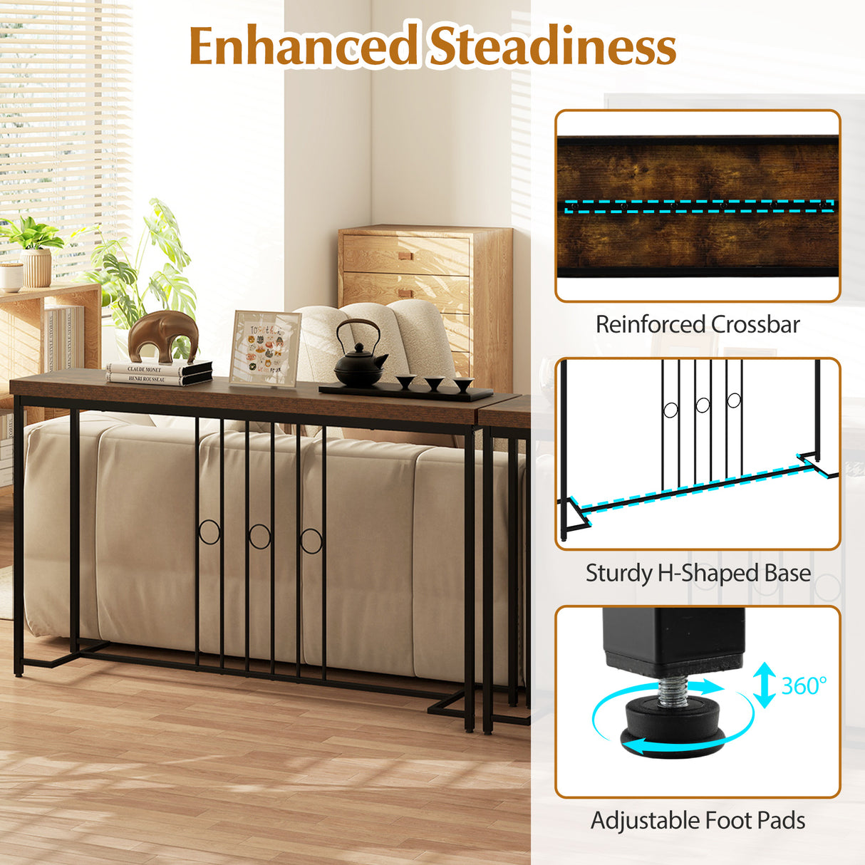 55" Industrial Console Table with H-Shaped Base-Brown