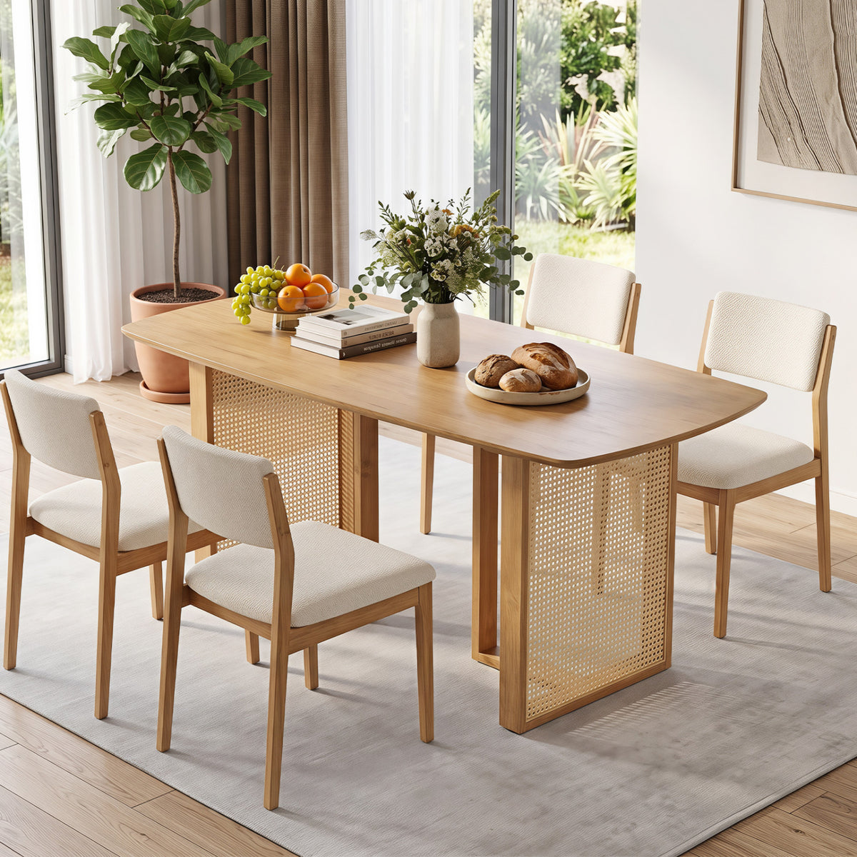 55" Solid Rubber Wood Dining Table Set for 4 People with Rounded Edges-Natural