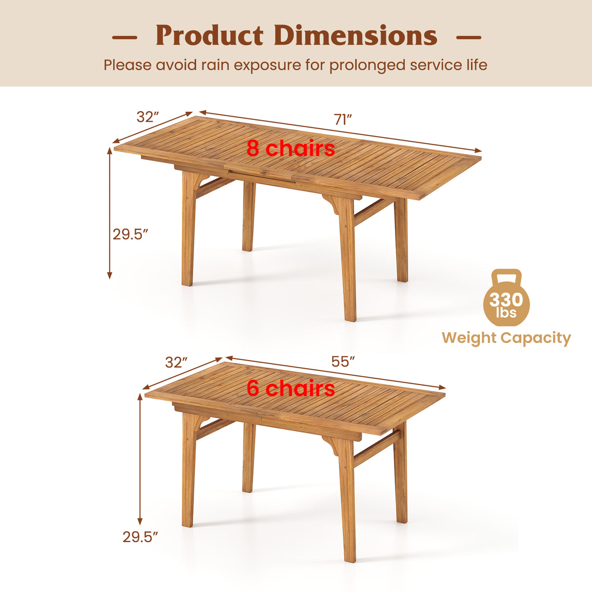 55 Inch Patio Dining Table Expandable for 6-8 People with Umbrella Hole