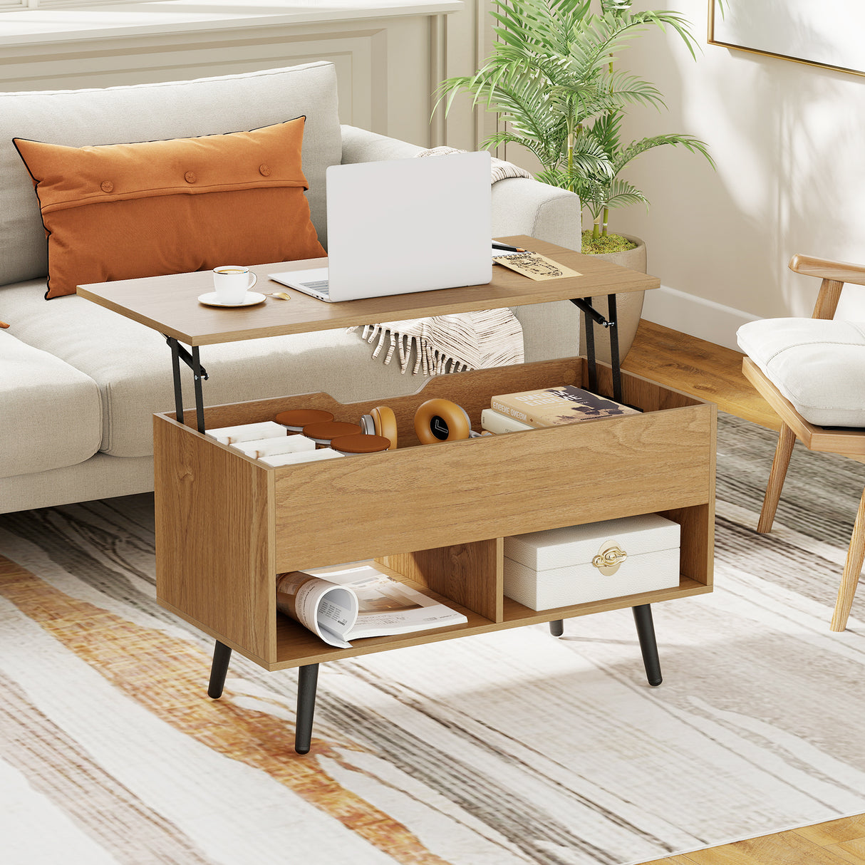 31.5 Inch Lift Top Coffee Table with Hidden Compartment and 2 Storage Shelves