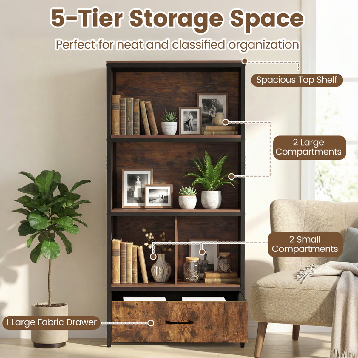 56" Tall Freestanding Bookcase with Drawer 5 Tier