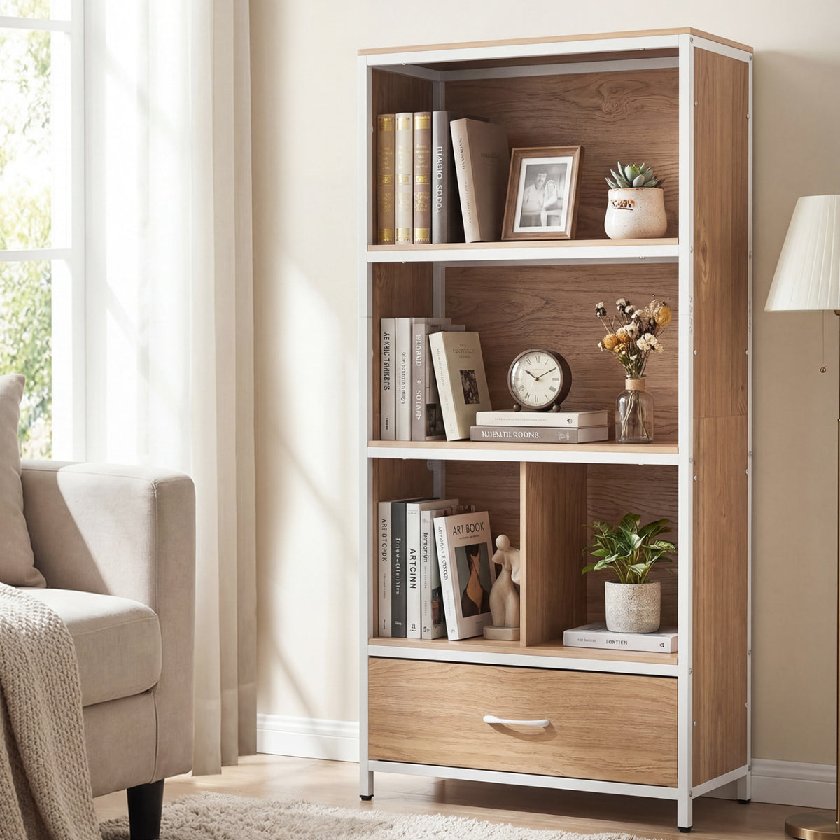 56" Tall Freestanding Bookcase with Drawer 5 Tier