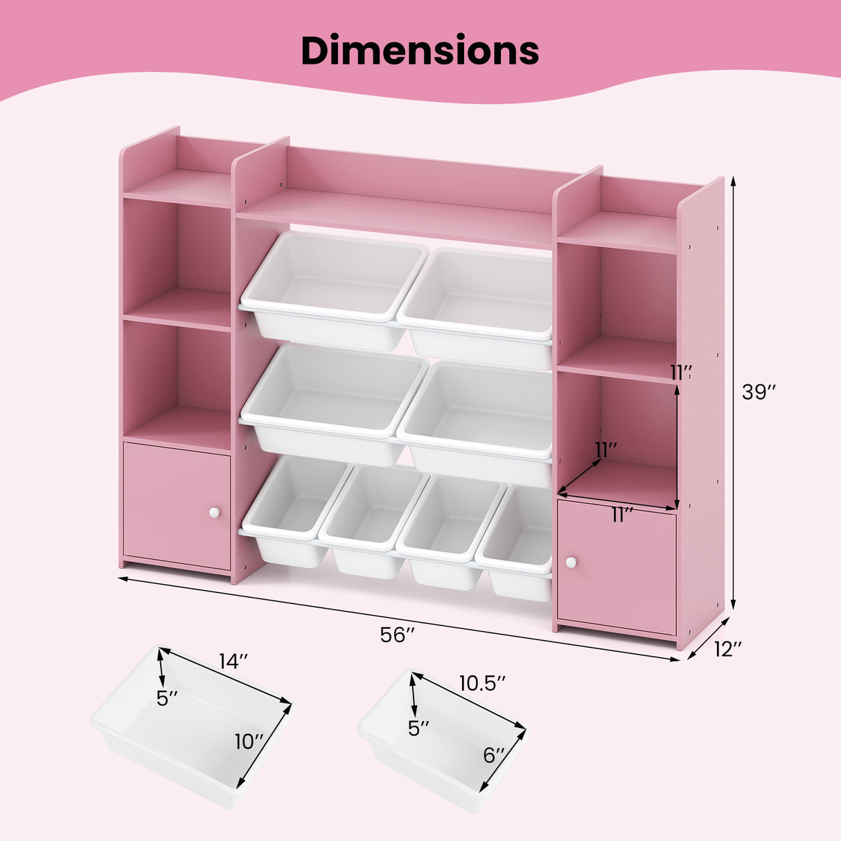 56 inch Large Toy Storage Organizer with 8 Removable Bins and Bookshelf