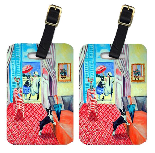 Lady with her Boston Terrier Luggage Tags – Set of 2 Durable Bag Tags with Straps
