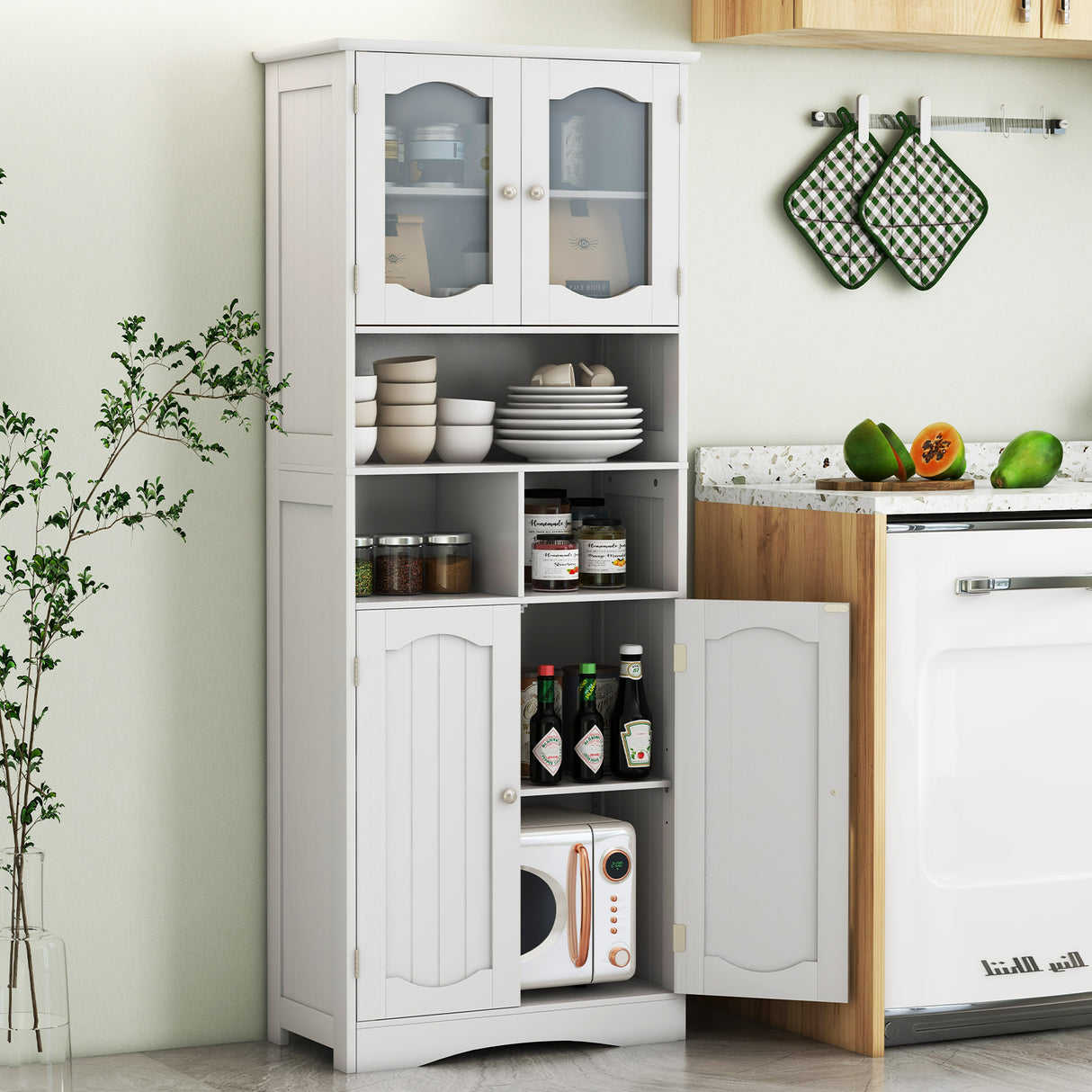 58.5 Inch Freestanding Linen Bathroom Storage Cabinet with Frost Glass Doors