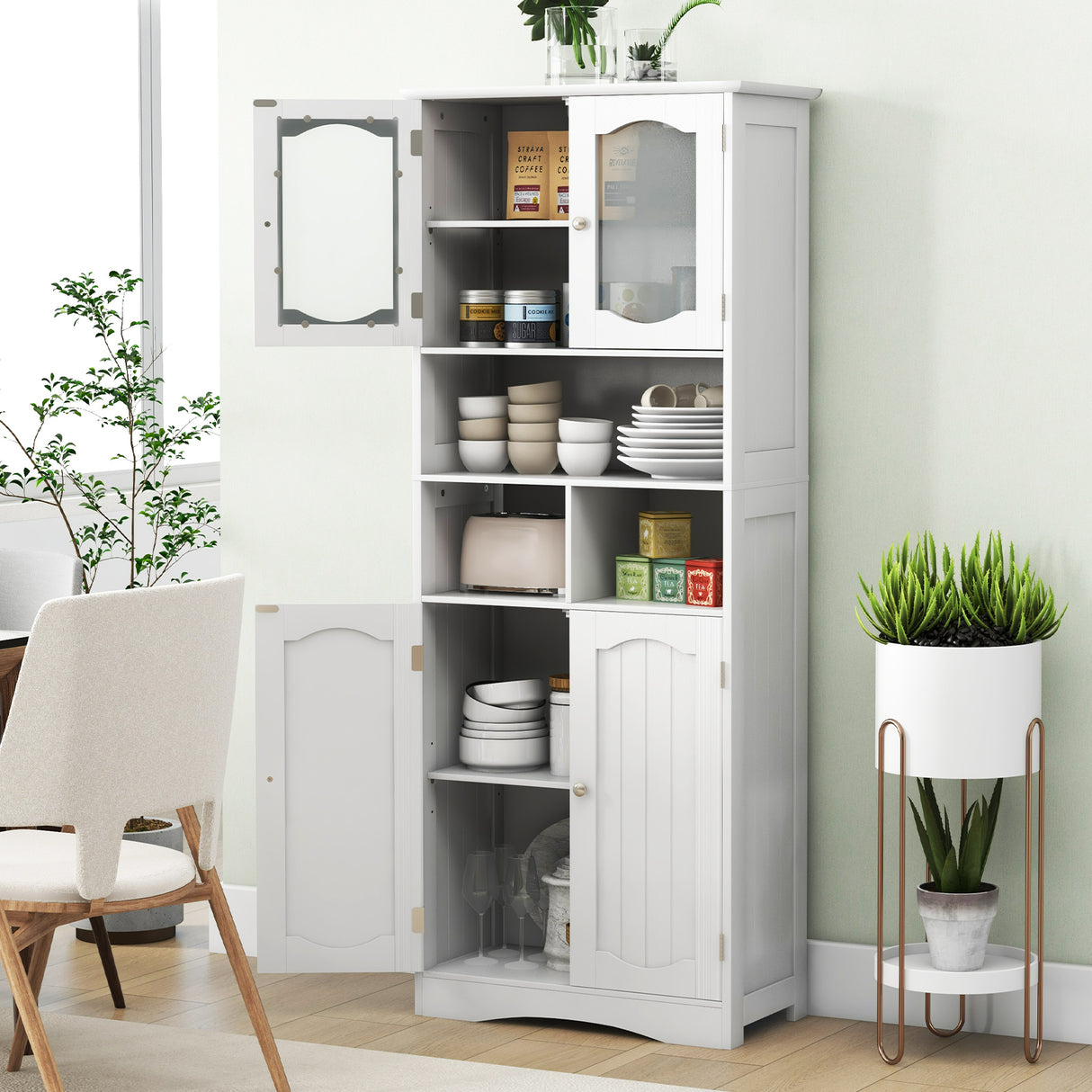 58.5 Inch Freestanding Linen Bathroom Storage Cabinet with Frost Glass Doors