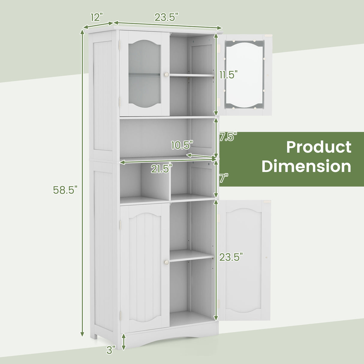 58.5 Inch Freestanding Linen Bathroom Storage Cabinet with Frost Glass Doors