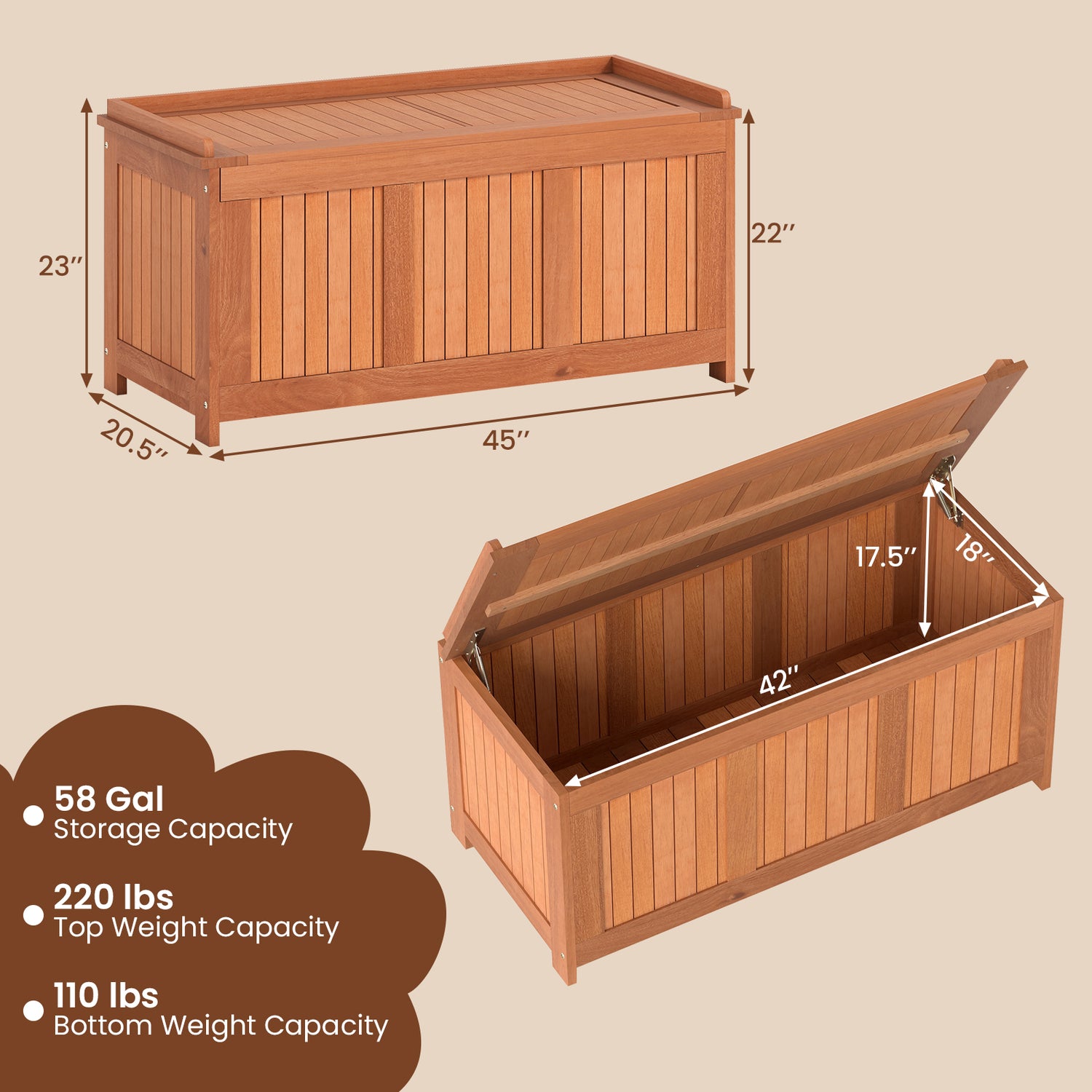 58 Gallon 3-in-1 Patio Wood Deck Box with Flip Top for Cushions