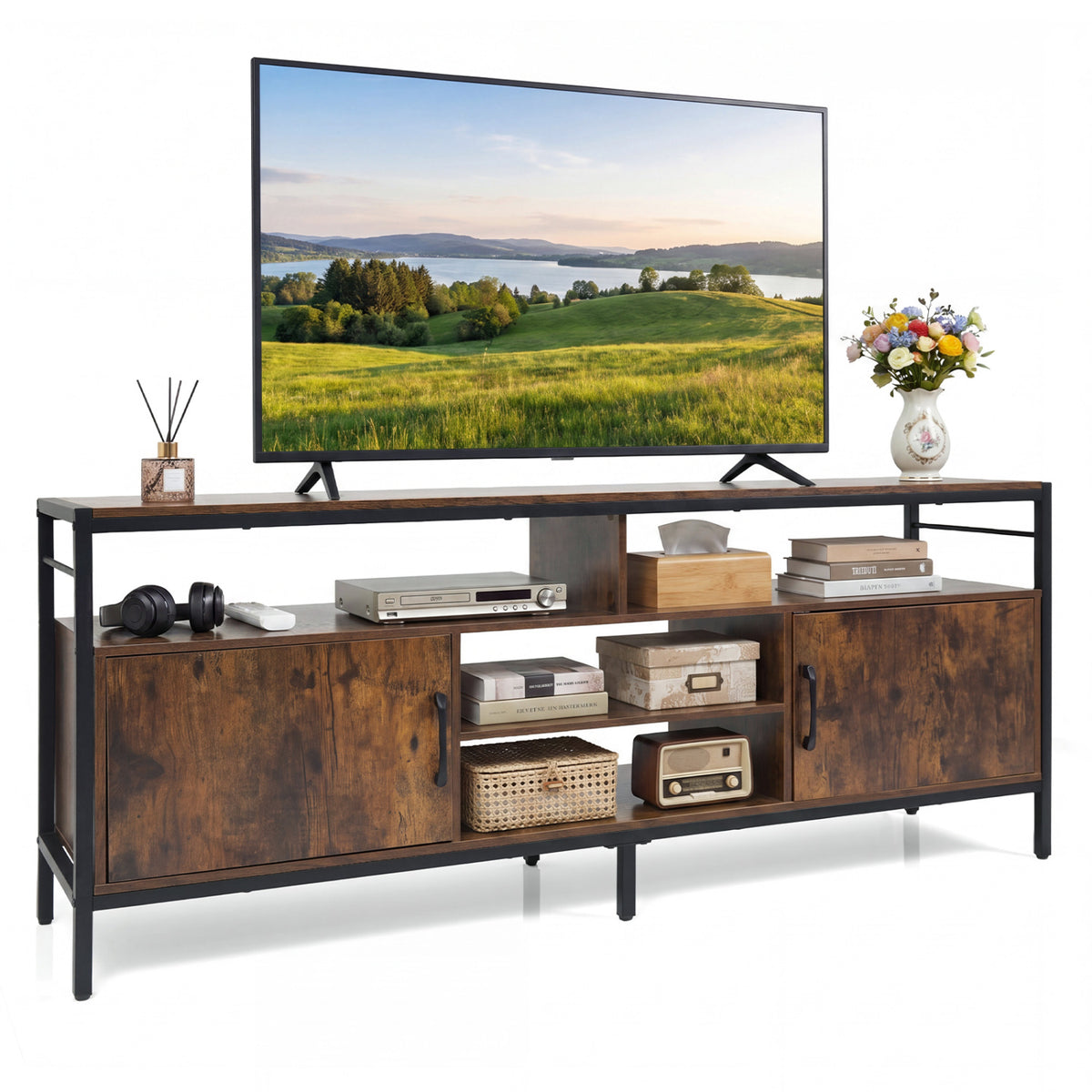 Industrial TV Stand with Cabinets and Adjustable Shelf for TVs up to 65 Inch