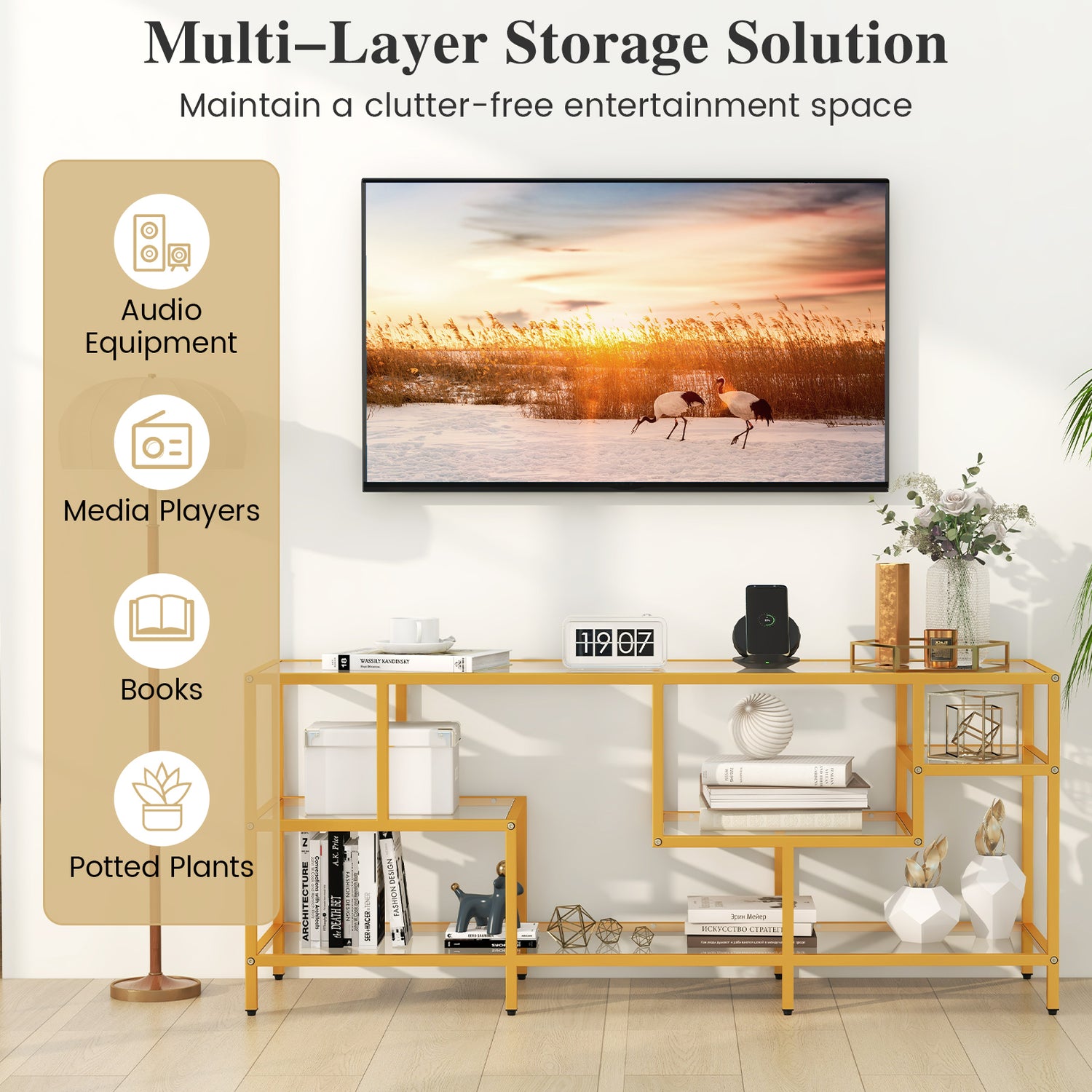 58 Inch TV Console Table with Tempered Glass Shelves for Living Room-Gold