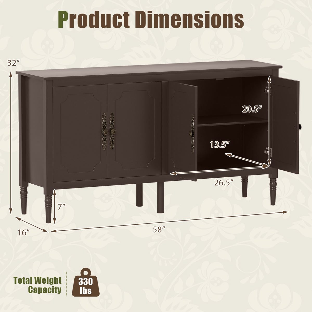 58" Vintage Buffet Cabinet with Pine Wood Legs and Adjustable Shelves for Kitchen