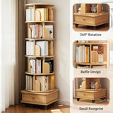 6 Tier Rotating Bookshelf, 360° Display Round Spinning Bookshelf with Wheels and Drawer, Space-Saving, Small Space Rotating Bookshelf Tower for Bedroom, Living Room, Home, Office, Wood Color