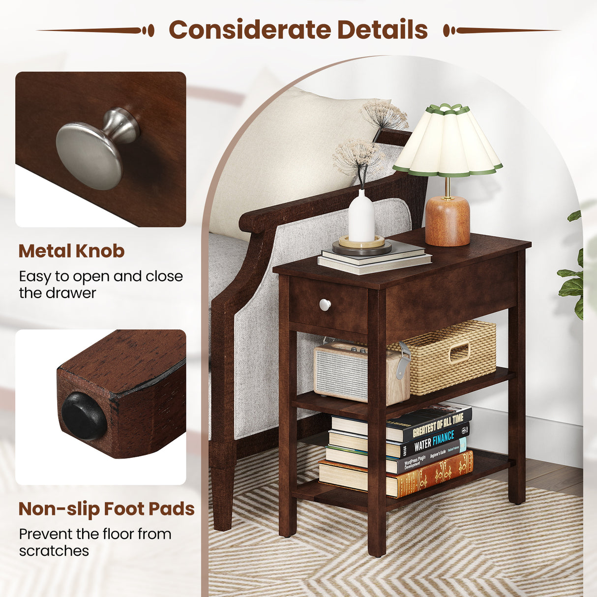 3-Tier Narrow End Table with Drawer and Storage Shelves Set of 2