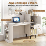 59" Home Office Desk with Side Storage Shelves and Drawer Cabinets for Bedroom-White