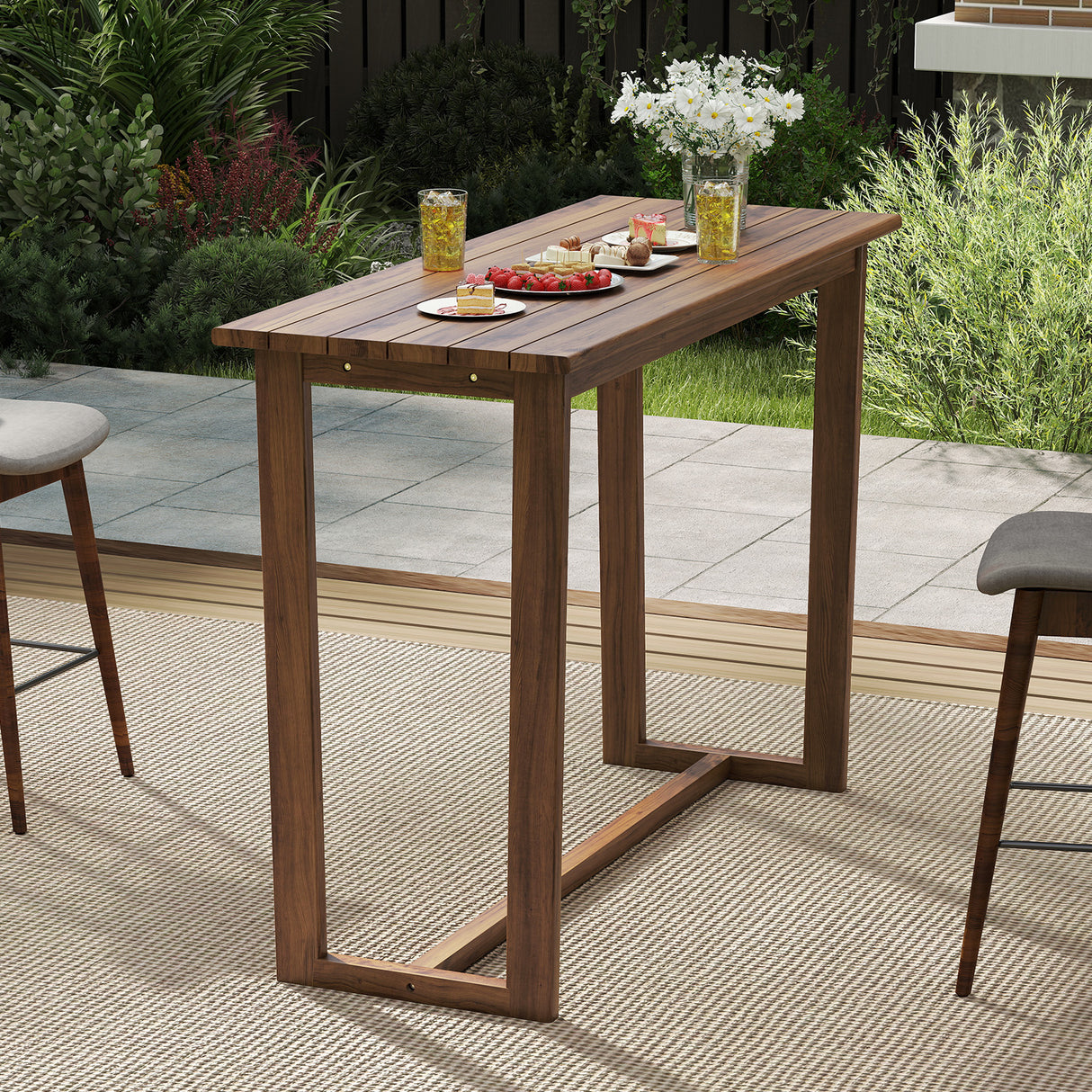 59 Inch Outdoor Bar Table with Slatted Top