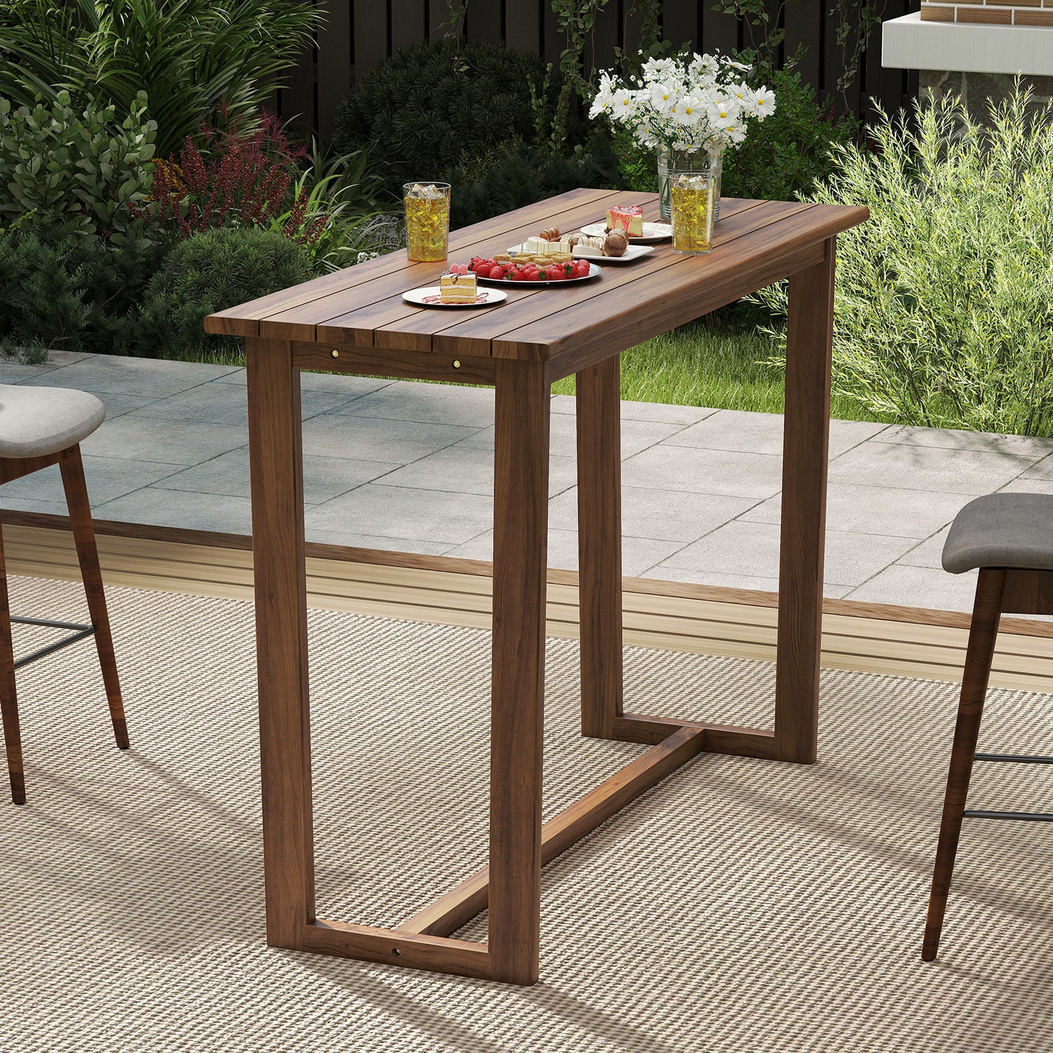 59 Inch Outdoor Bar Table with Slatted Top