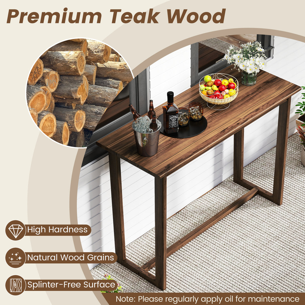 59 Inch Outdoor Bar Table with Slatted Top