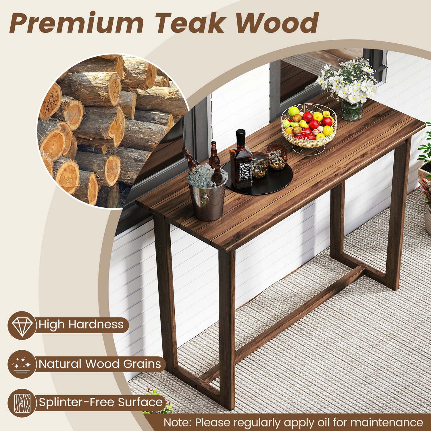 59 Inch Outdoor Bar Table with Slatted Top