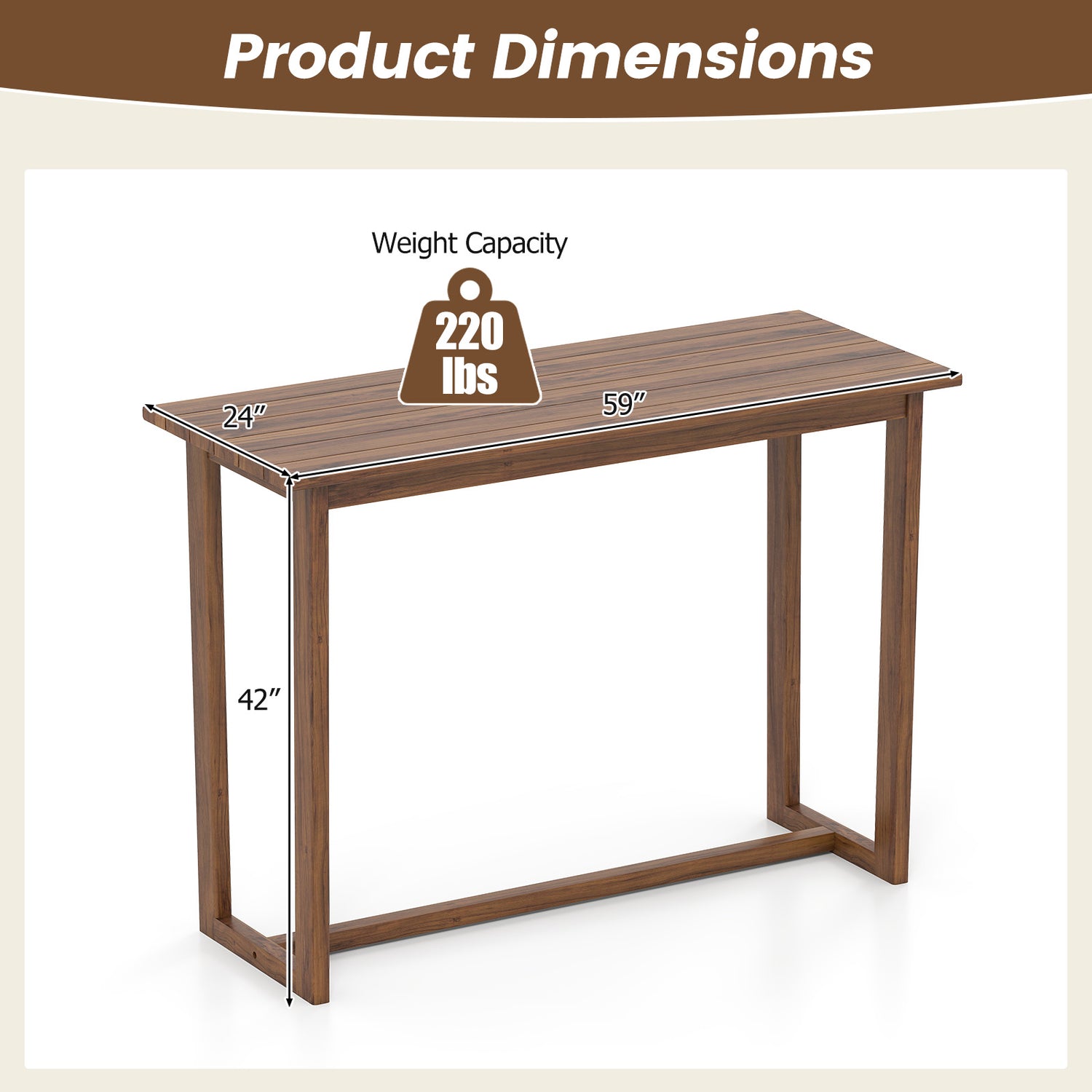 59 Inch Outdoor Bar Table with Slatted Top