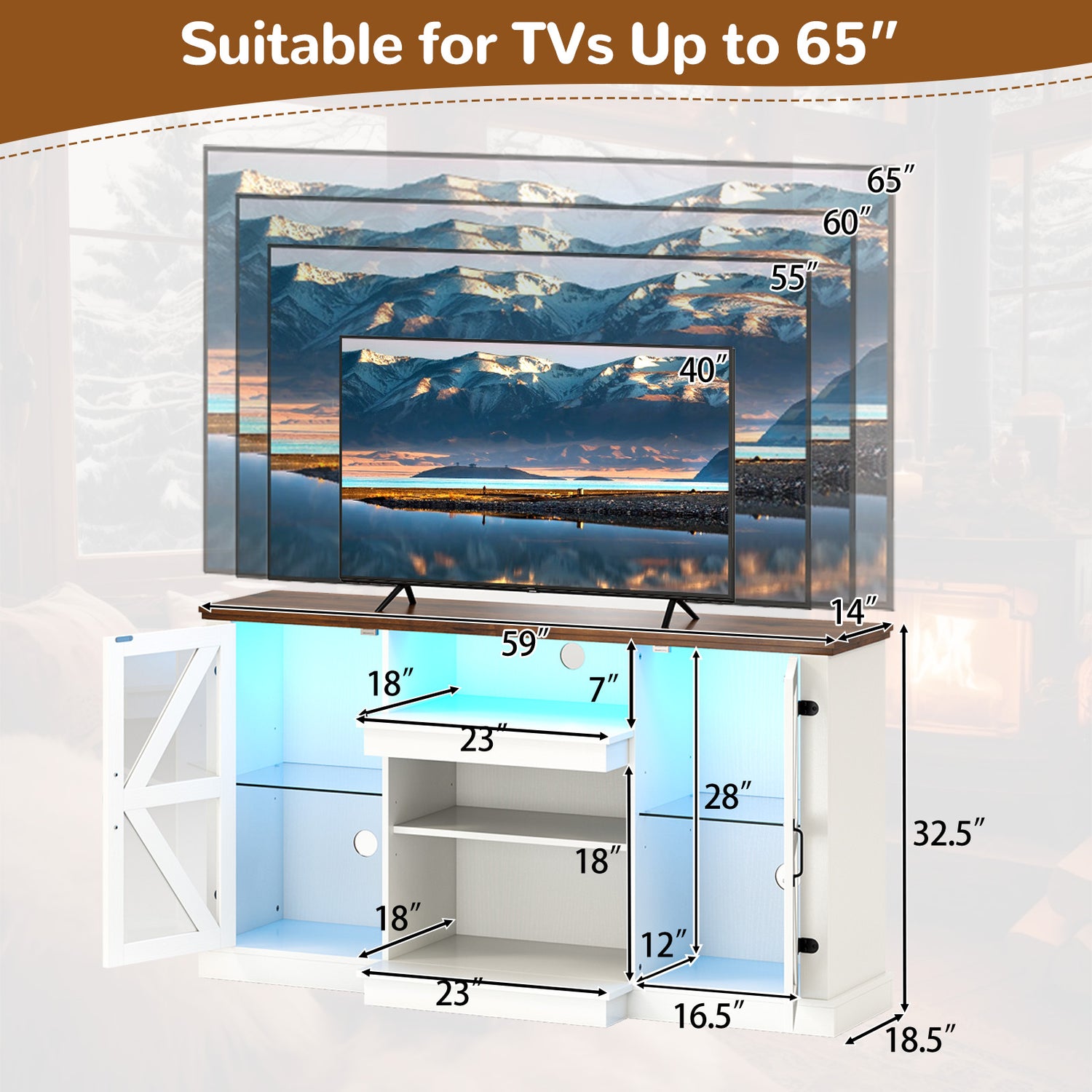 59 Inches Media Console Table with 3-Level Shelves and 22 Dynamic Modes-White