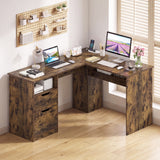 59" L-Shaped Executive Desk with Power Outlets Drawers and Bookshelf for Working Gaming Writing-Rustic