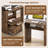 59" L-Shaped Executive Desk with Power Outlets Drawers and Bookshelf for Working Gaming Writing-Rustic