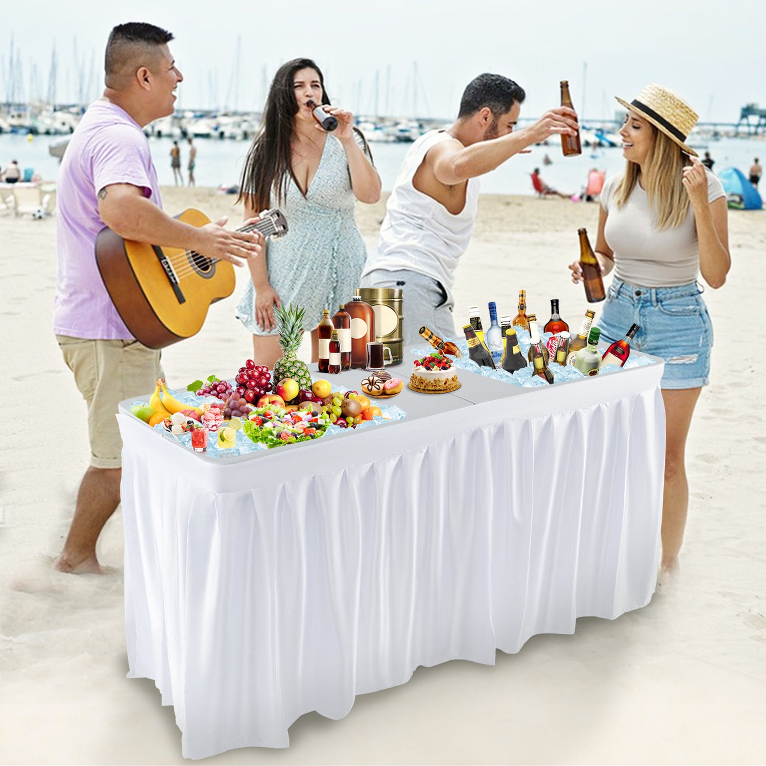 5 FT Folding Ice Cooler Table with Double Sinks for Camping Party Picnic Wedding-White
