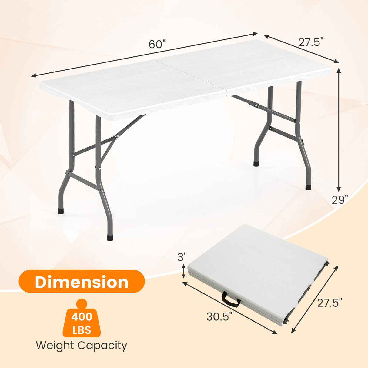 5FT Folding Picnic Table with Wood Grain HDPE Tabletop and  Non-slip Foot Pads