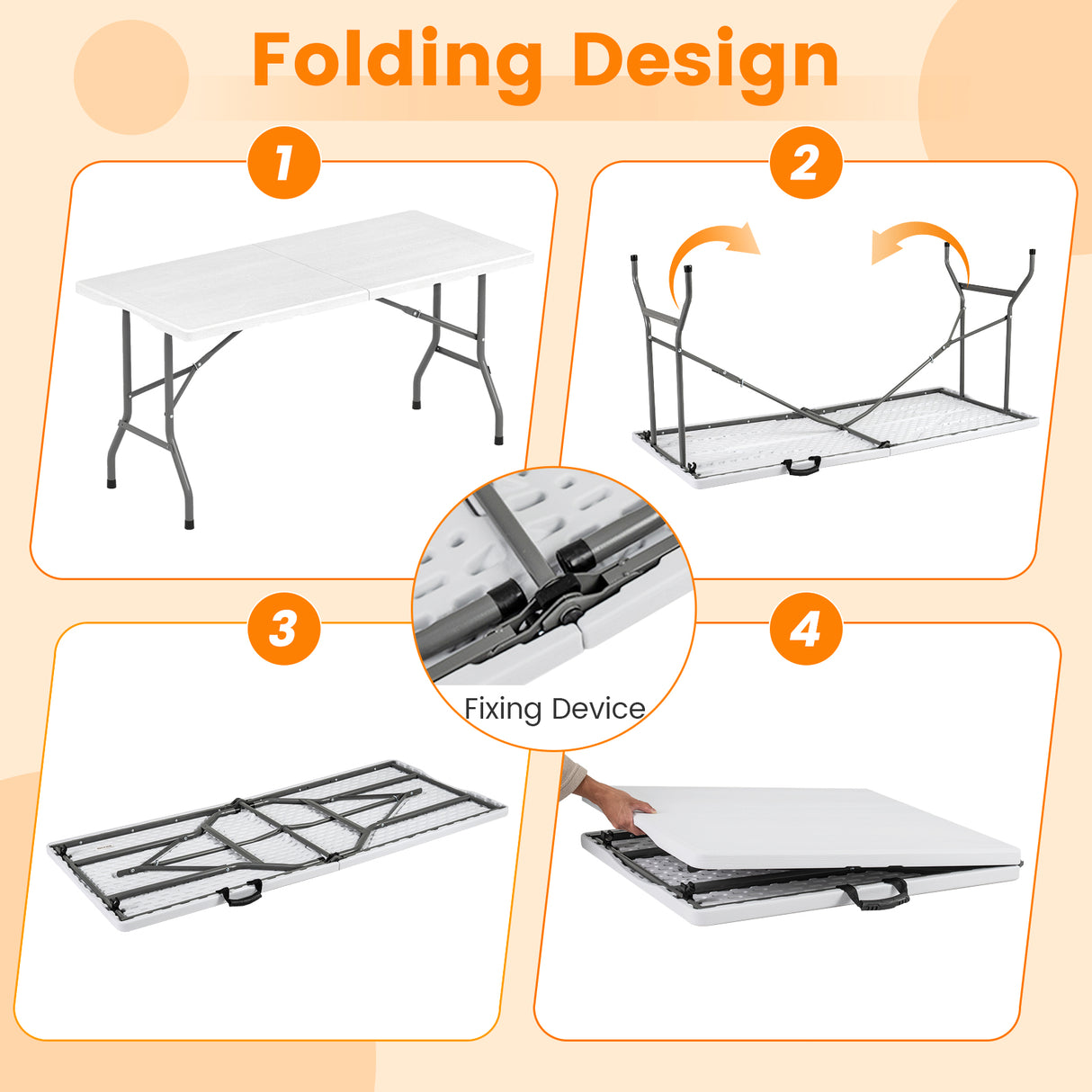 5FT Folding Picnic Table with Wood Grain HDPE Tabletop and  Non-slip Foot Pads