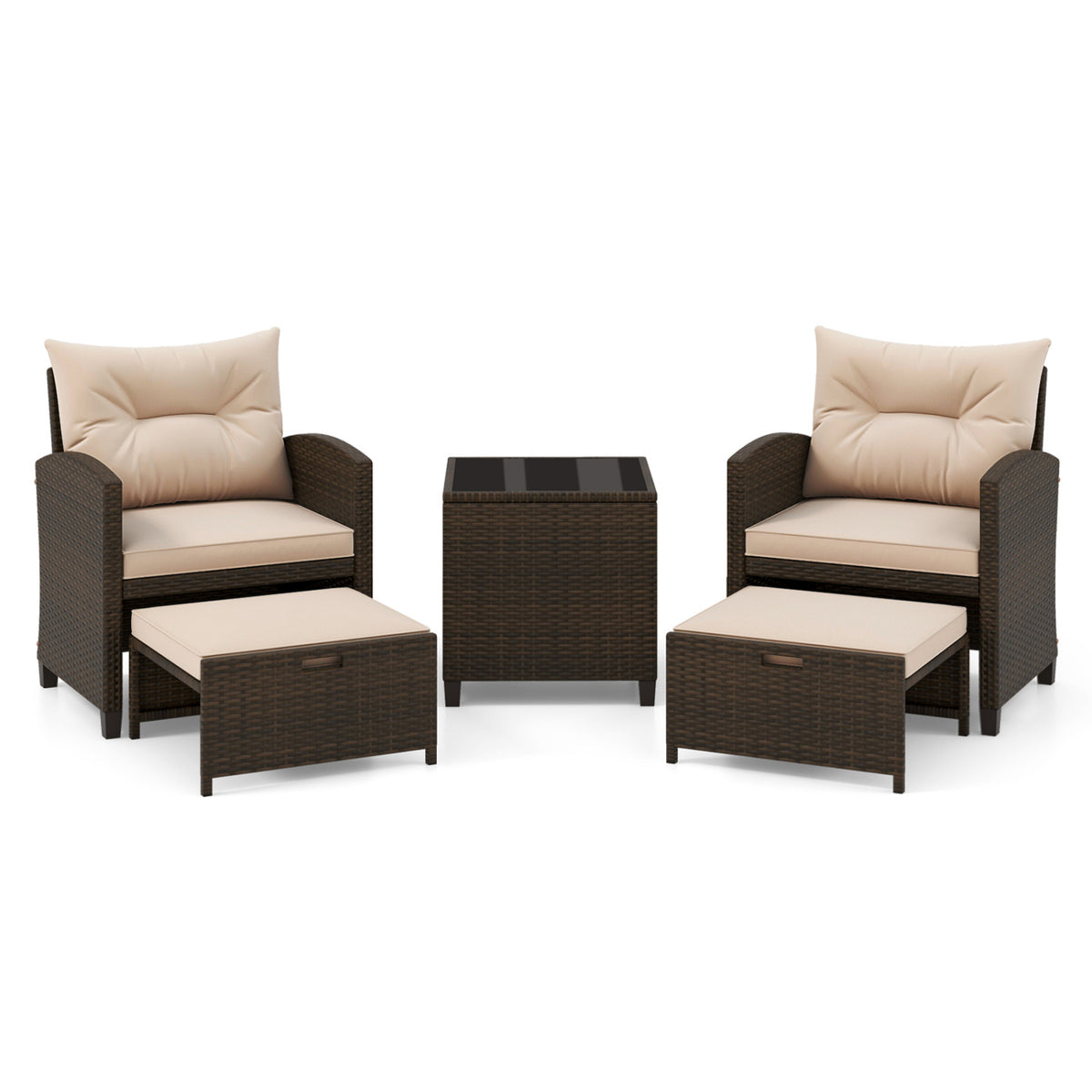 5 Pieces Patio Rattan Furniture with 2 Ottomans and Tempered Glass Coffee Table