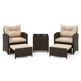 5 Pieces Patio Rattan Furniture with 2 Ottomans and Tempered Glass Coffee Table